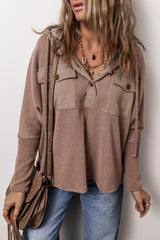 Dark Brown Flap Pocket Patchwork Corded Drawstring Hoodie Sweatshirts & Hoodies JT's Designer Fashion