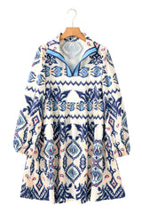 Blue Ethnic Print Striped Split Neck Long Sleeve Flowy Mini Dress Mini Dresses JT's Designer Fashion