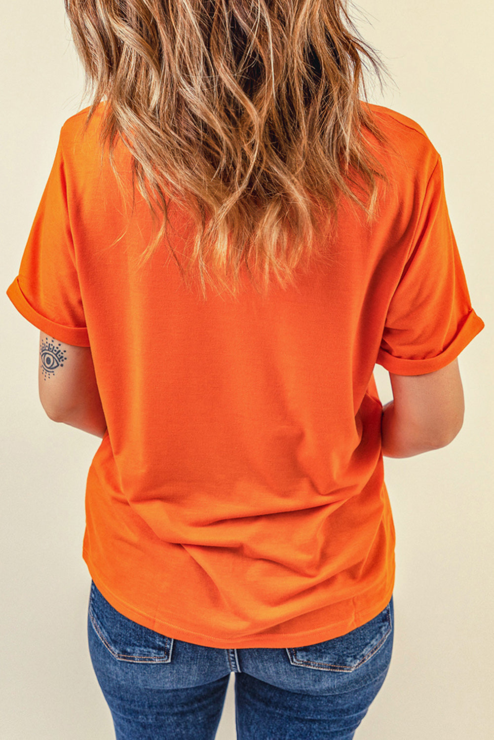Orange Halloween Pumpkin Face Print Crew Neck T Shirt Graphic Tees JT's Designer Fashion
