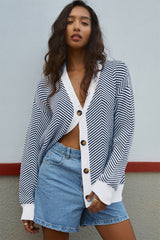 Blue Stripe Buttoned Front V Neck Herringbone Cardigan Cardigans JT's Designer Fashion