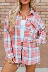 Pink Plaid Flap Pocket Button Up Shacket Plaid Shackets JT's Designer Fashion