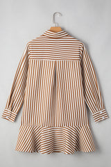 Brown Stripe Ruffled Hem Collared Long Sleeve Shirt Mini Dress Mini Dresses JT's Designer Fashion