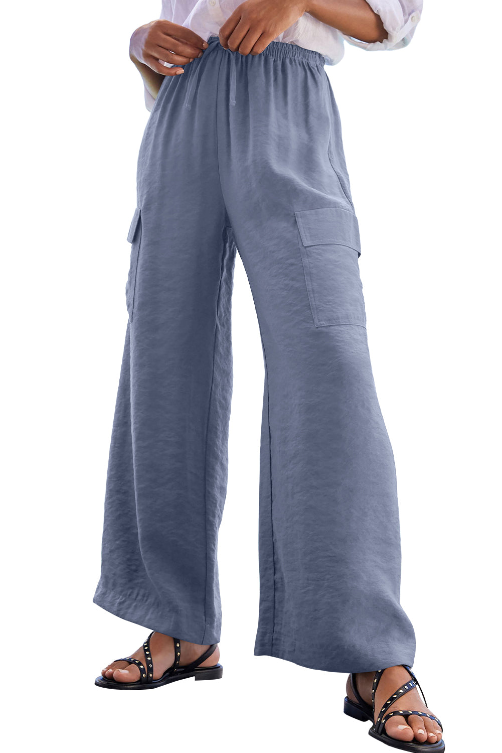 Dark Grey Drawstring Frilled Waist Wide Leg Utility Trousers Pants & Culotte JT's Designer Fashion
