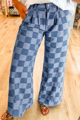 Dusk Blue Checkered Denim Wide Leg Jeans Jeans JT's Designer Fashion