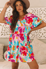 Rose Red Floral Bubble Sleeve V Neck Tiered Ruffle Babydoll Dress Floral Dresses JT's Designer Fashion