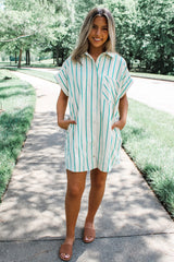 Mint Green St Patricks Striped Wide Short Sleeve Shift Mini Shirt Dress Mini Dresses JT's Designer Fashion