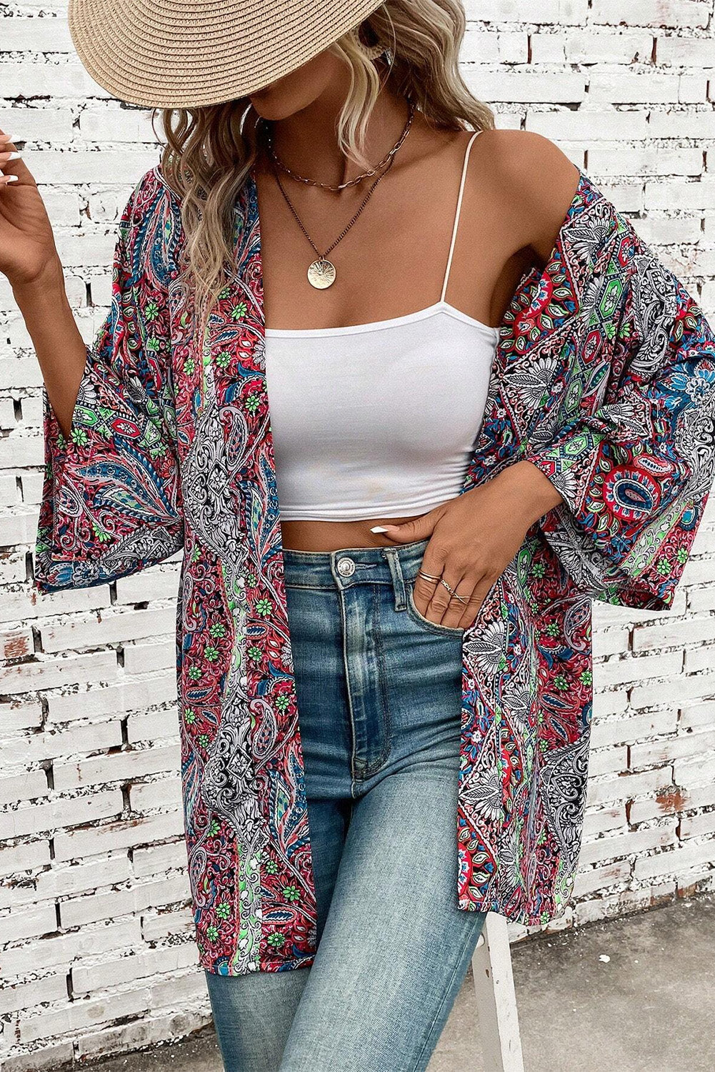 Red Paisley Print Open Front Kimono Kimonos JT's Designer Fashion