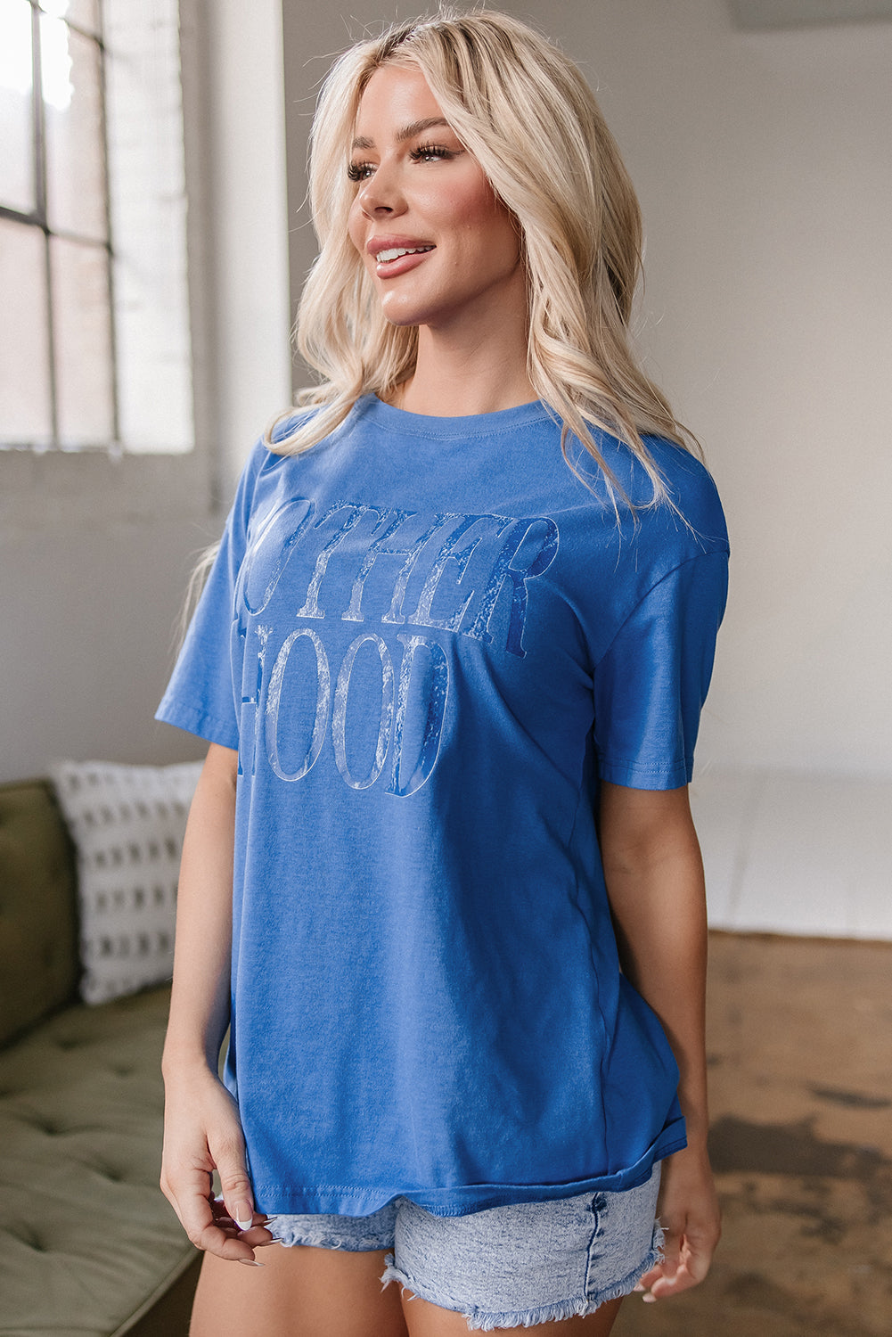 Sky Blue Vintage MOTHERHOOD Letter Graphic T Shirt Graphic Tees JT's Designer Fashion