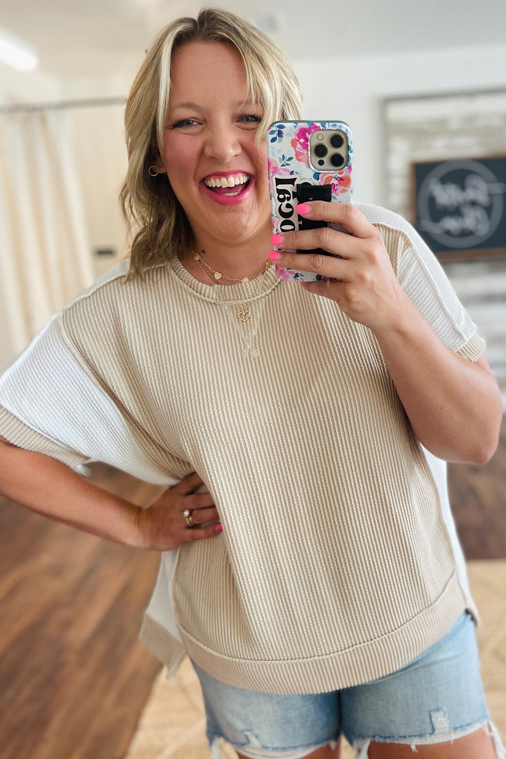 Parchment Twist Rib Colorblock Hi Low Plus Size Short Sleeve Top Plus Size JT's Designer Fashion
