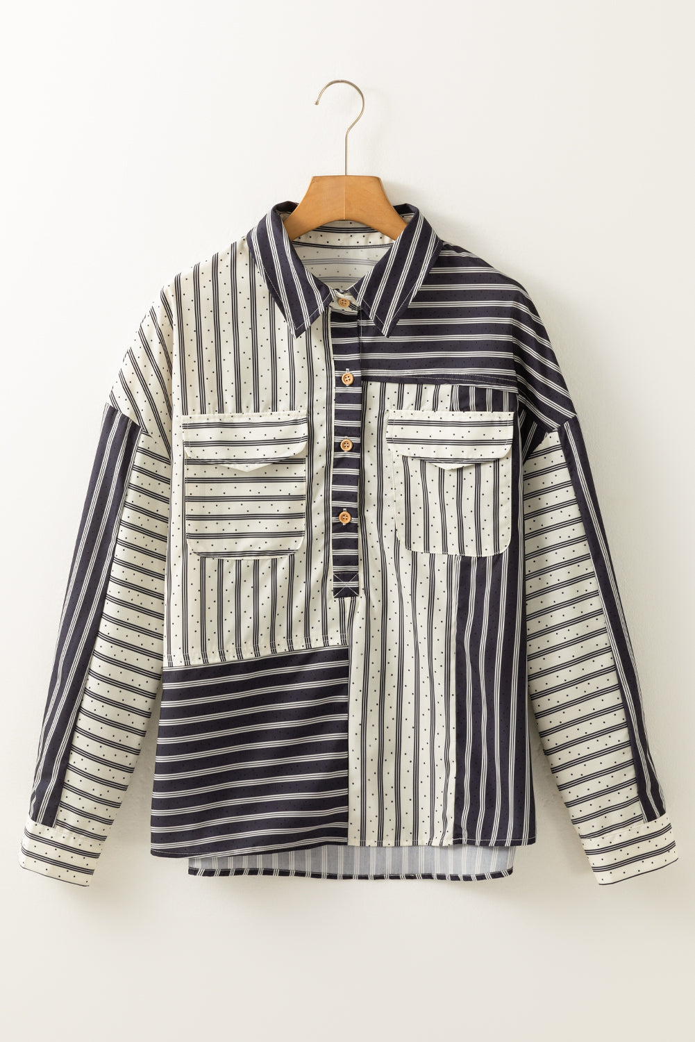 Black Stripe 2-tone Patchwork Half Buttons Chest Pockets Casual Blouse Blouses & Shirts JT's Designer Fashion