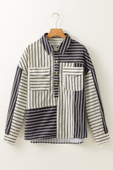 Black Stripe 2-tone Patchwork Half Buttons Chest Pockets Casual Blouse Blouses & Shirts JT's Designer Fashion