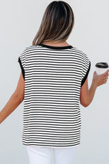 Black Stripe Sequined Lobster Patched Pocket Casual Tank Top Graphic Tees JT's Designer Fashion