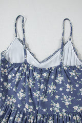 Blue Floral Spaghetti Strap Frilled V Neck Tiered Midi Dress Midi Dresses JT's Designer Fashion