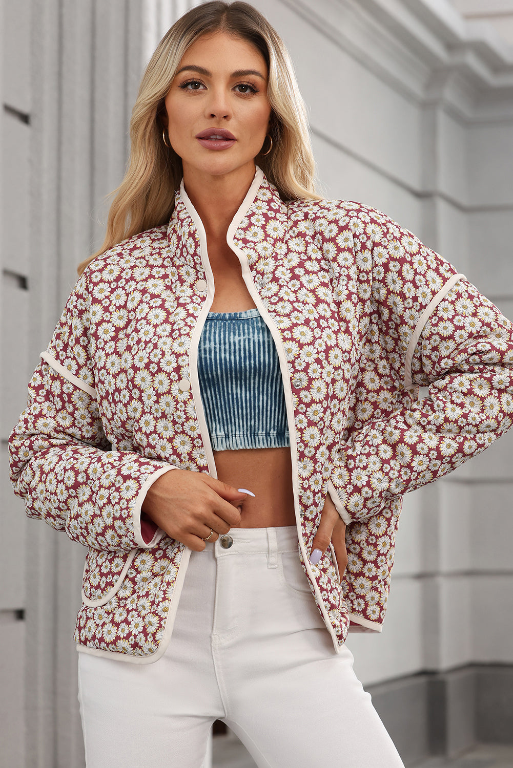 Pink Floral Print Contrast Edge Pocketed Stand Neck Jacket Jackets JT's Designer Fashion