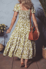 Yellow Boho Floral Square Neck Smocked Bust Puff Sleeve Tiered Long Dress Floral Dresses JT's Designer Fashion