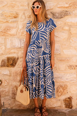 Sky Blue Boho Printed Short Sleeve Flare Tiered Dress Dresses JT's Designer Fashion