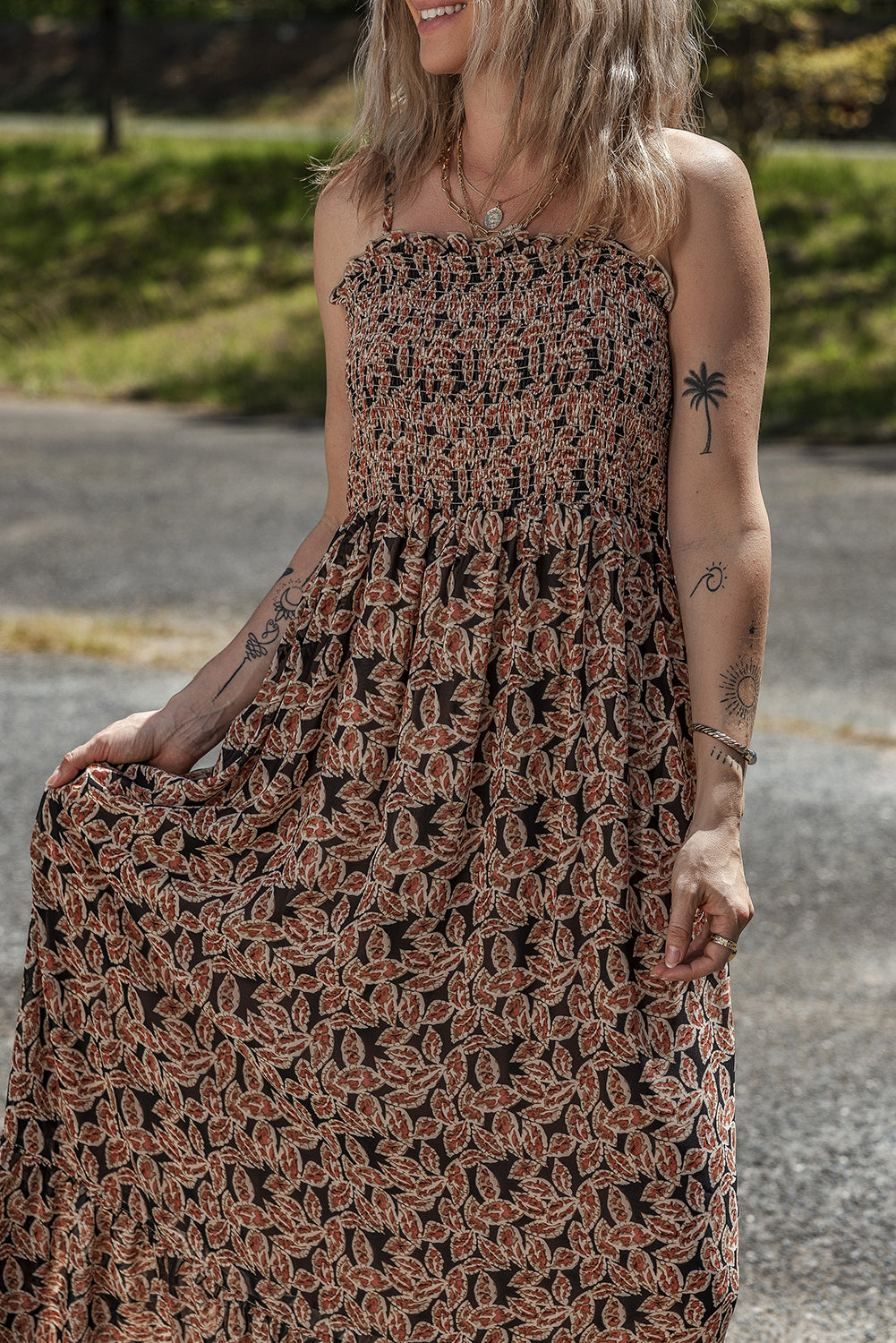 Brown Floral Smocked Bodice High Waist Flowy Sun Dress Floral Dresses JT's Designer Fashion