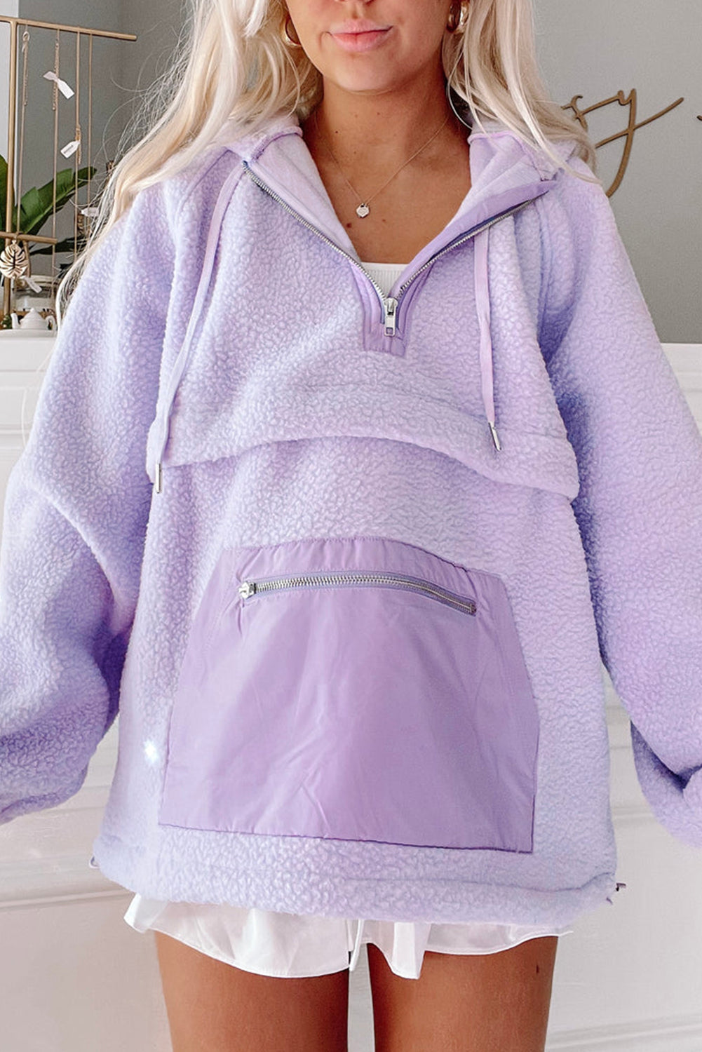 Lavendula Zipped Patch Pocket Fuzzy Drawstring Hoodie Sweatshirts & Hoodies JT's Designer Fashion