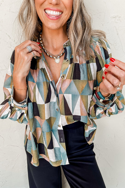 Green Geometric Print Buttoned Balloon Sleeve Loose Fit Shirt Green 81%Viscose+19%Polyamide Blouses & Shirts JT's Designer Fashion