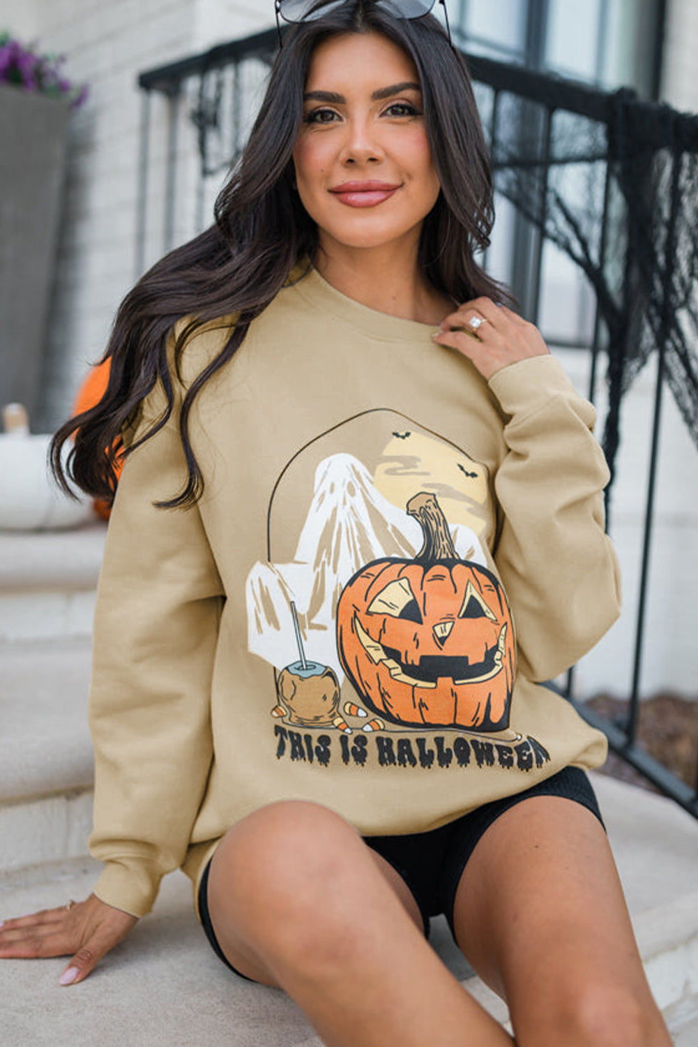 Parchment Spooky Pumpkin Graphic Crewneck Halloween Sweatshirt Graphic Sweatshirts JT's Designer Fashion