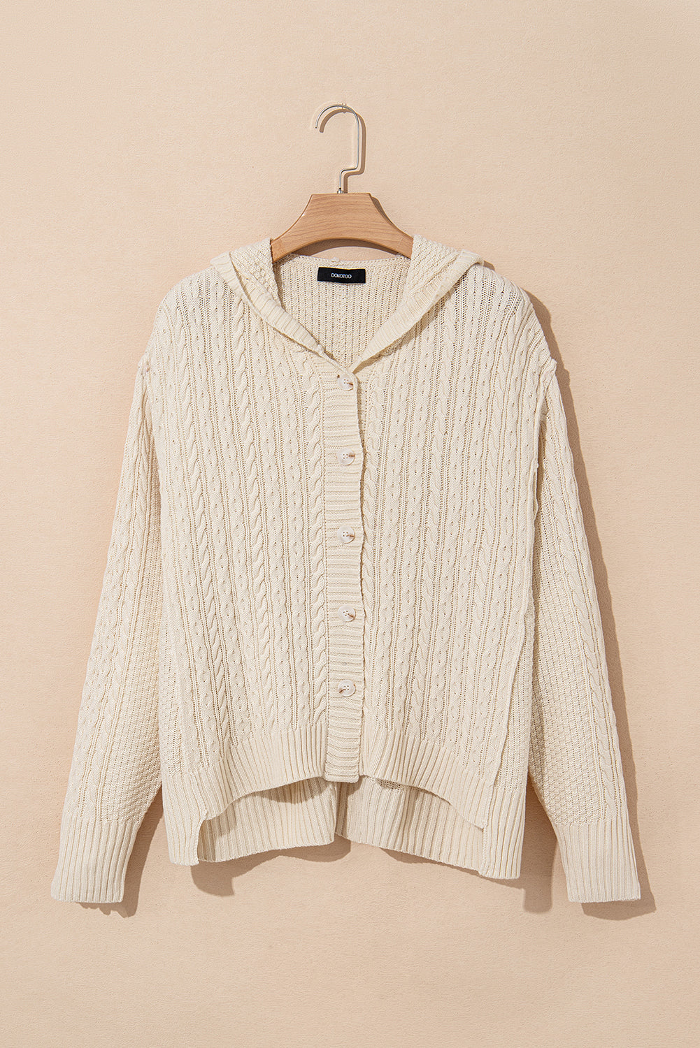 White Cable Knit Texture Uneven Hem Hooded Chic Cardigan Cardigans JT's Designer Fashion