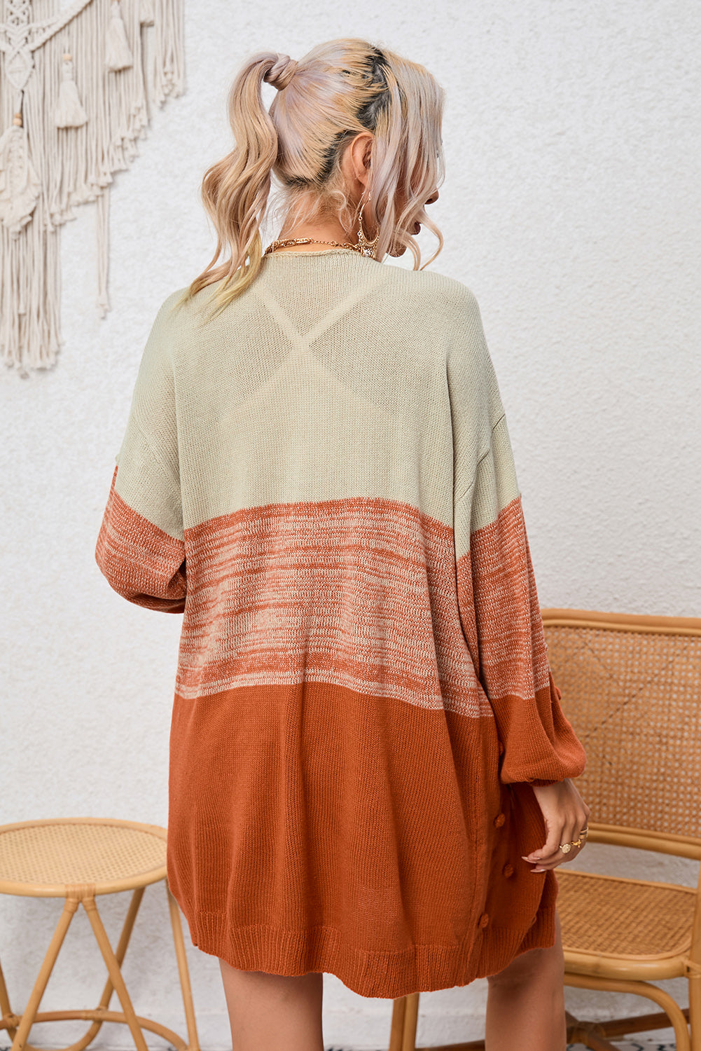 Brown Pompom Color Block Open Front Cardigan Sweaters & Cardigans JT's Designer Fashion