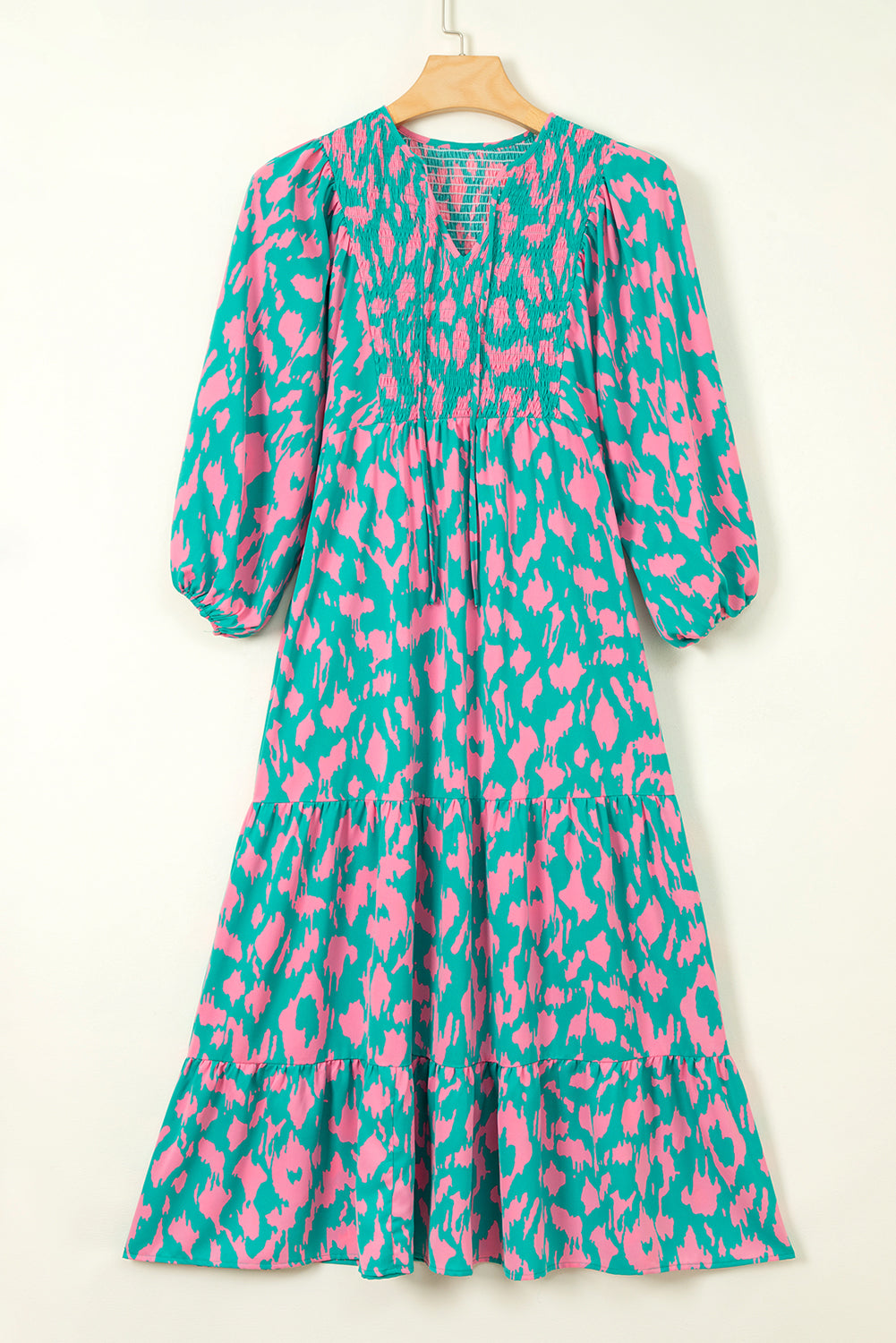 Green Abstract Print Puff Sleeve Tied Notched Neck Long Dress Maxi Dresses JT's Designer Fashion