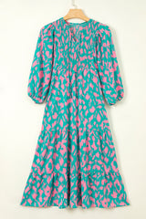 Green Abstract Print Puff Sleeve Tied Notched Neck Long Dress Maxi Dresses JT's Designer Fashion