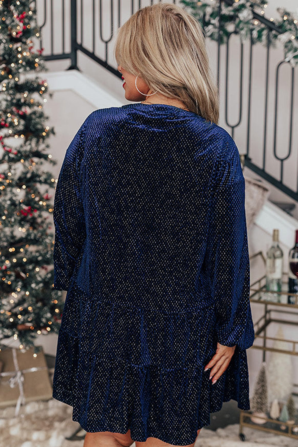 Navy Blue Plus Size Textured Velvet Tiered Button V Neck Dress Plus Size Mini Dresses JT's Designer Fashion
