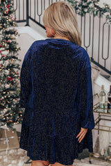 Navy Blue Plus Size Textured Velvet Tiered Button V Neck Dress Plus Size Mini Dresses JT's Designer Fashion
