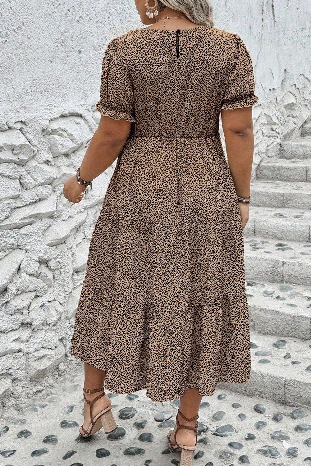 Brown Plus Size Leopard Print Frill Trim Short Sleeve Flared Dress Plus Size JT's Designer Fashion