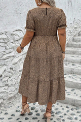 Brown Plus Size Leopard Print Frill Trim Short Sleeve Flared Dress Plus Size JT's Designer Fashion