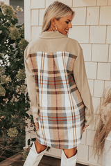 Khaki Plaid Patchwork Long Sleeve Shirt Mini Dress Mini Dresses JT's Designer Fashion