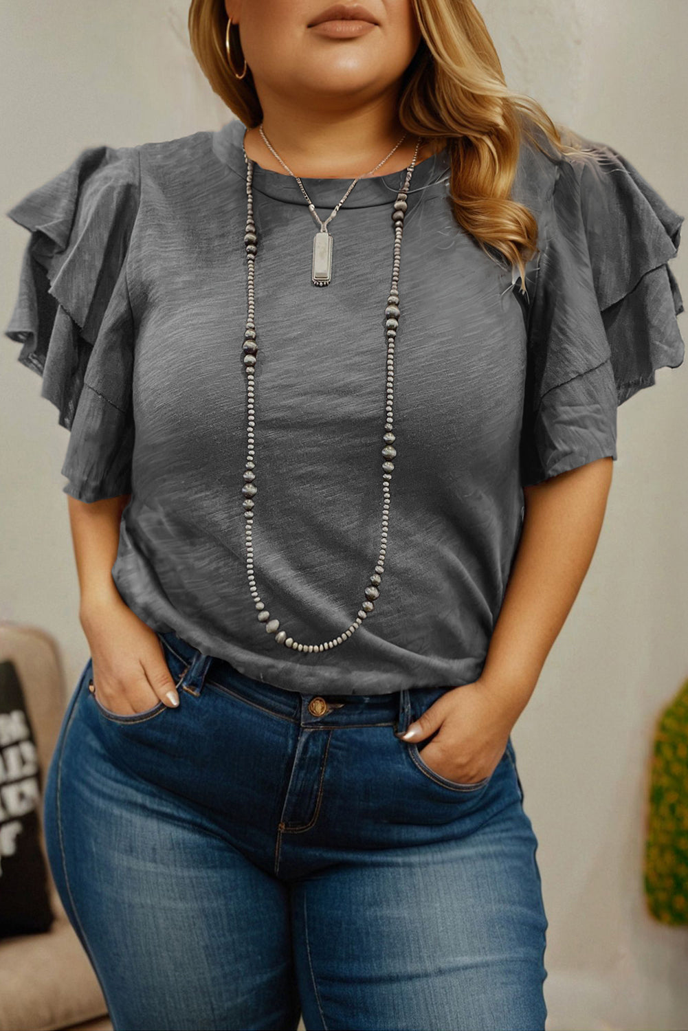 Dark Grey Double Ruffled Short Sleeve Plus Size Top Plus Size Tops & Tees JT's Designer Fashion