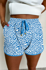 Blue Leopard Elastic Waist Lace up Contrast Trim Casual Shorts Blue 95%Polyester+5%Elastane Casual Shorts JT's Designer Fashion