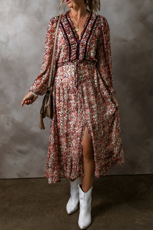 Brown Floral Print Split Front Tiered Frilled V Neck Midi Dress Brown 100%Polyester Floral Dresses JT's Designer Fashion