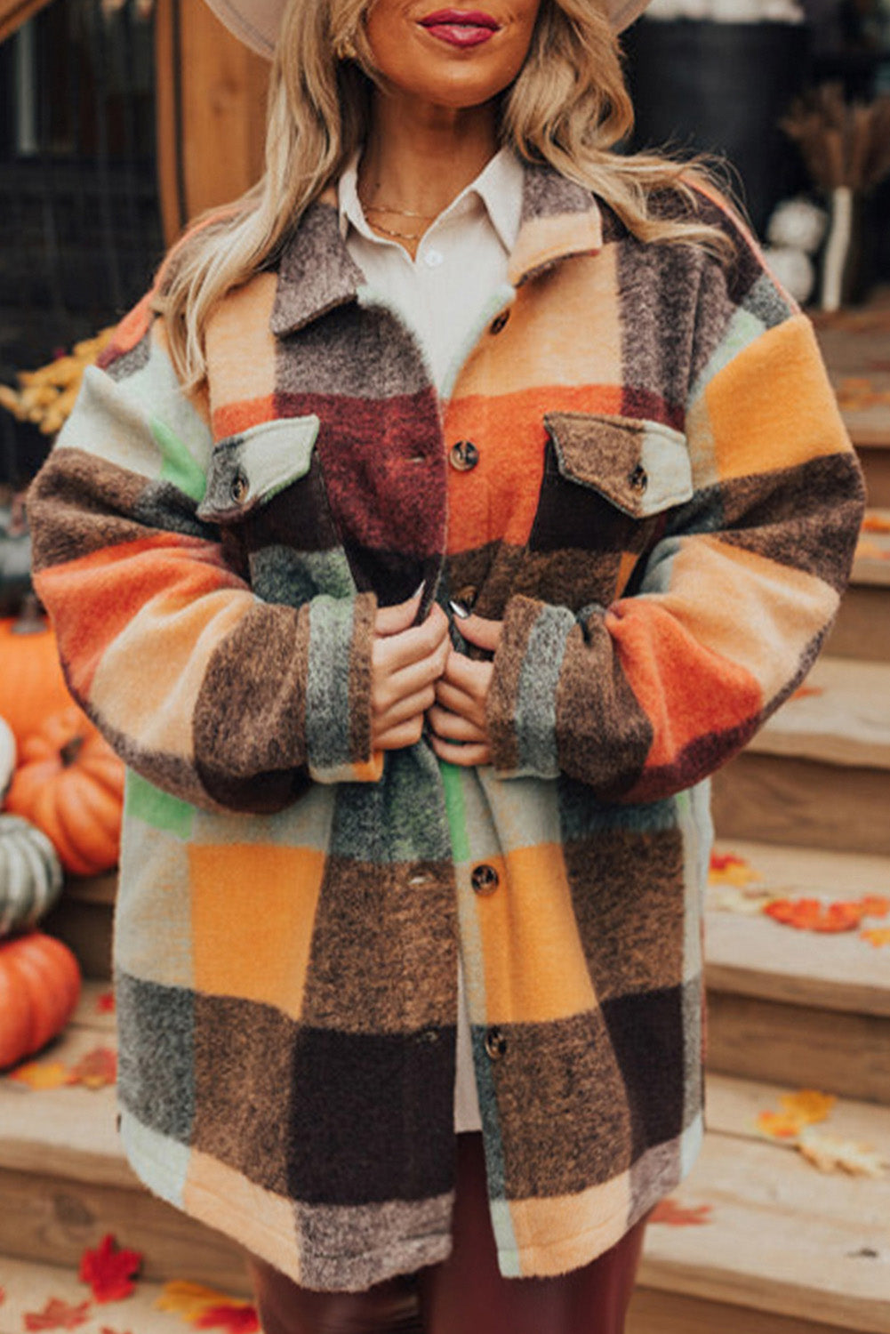 Orange Plaid Print Flap Pocket Long Jacket Orange 100%Polyester Jackets JT's Designer Fashion
