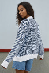 Blue Stripe Buttoned Front V Neck Herringbone Cardigan Cardigans JT's Designer Fashion