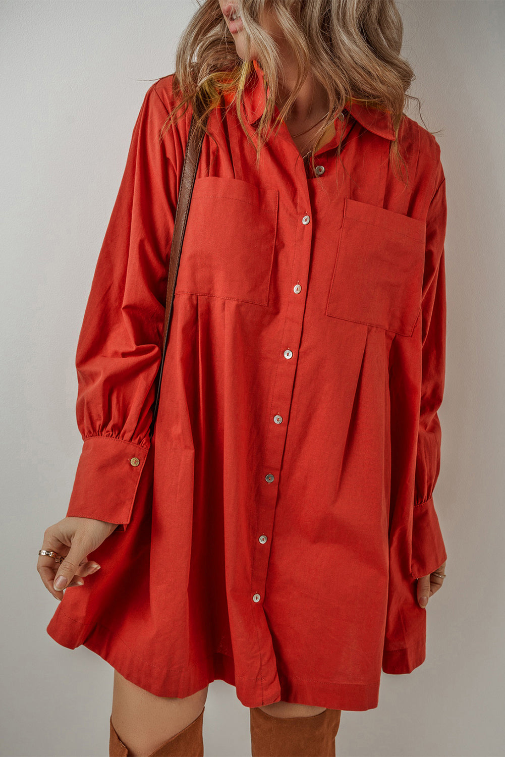 Tomato Red Bishop Sleeve Button Up Pleated Mini Shirt Dress Mini Dresses JT's Designer Fashion
