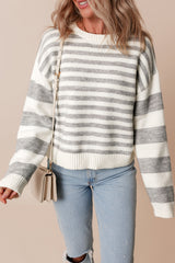 Gray Stripe Drop Shoulder Crew Neck Sweater Sweaters JT's Designer Fashion