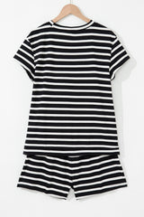 Black White Striped Short Sleeve Top and Shorts Set Short Sets JT's Designer Fashion