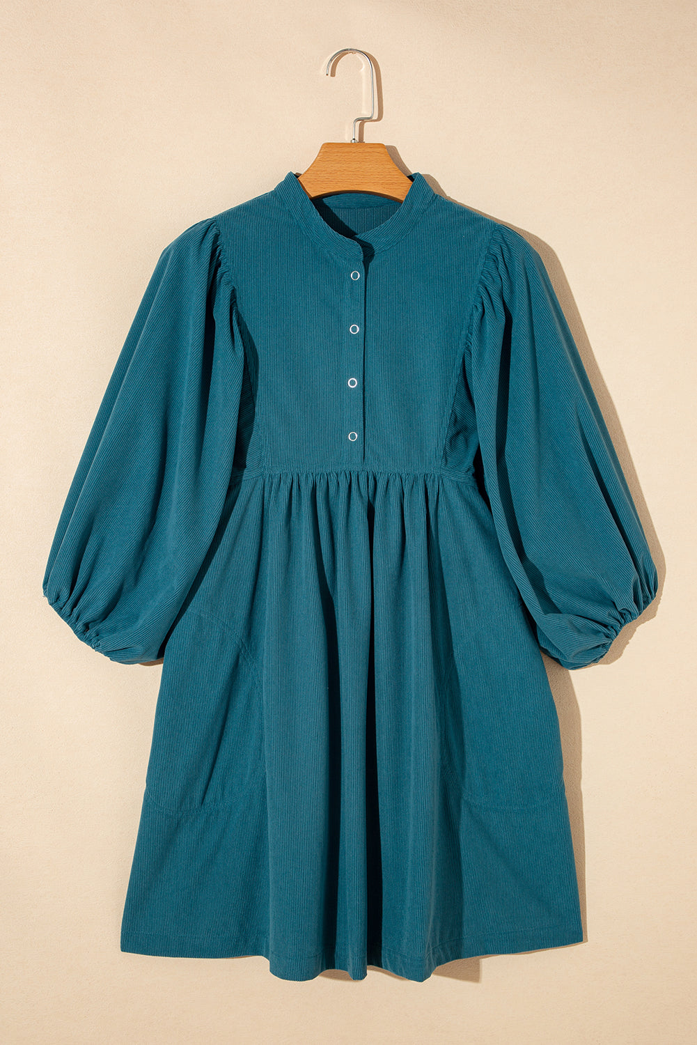 Blue Corduroy Snap Buttons Empire Waist Bracelet Sleeve Dress Mini Dresses JT's Designer Fashion