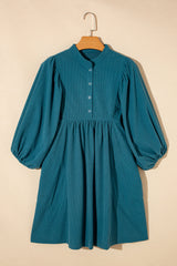 Blue Corduroy Snap Buttons Empire Waist Bracelet Sleeve Dress Mini Dresses JT's Designer Fashion