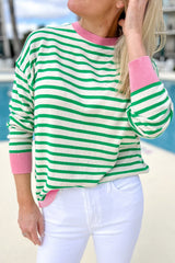 Bright Green Striped Contrast Edge Long Sleeve Top Long Sleeve Tops JT's Designer Fashion