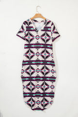 Beige Western Aztec Printed Long T-shirt Dress T Shirt Dresses JT's Designer Fashion