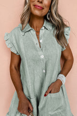 Green Stripe Frilled Sleeveless Collar Front Pocket Button Up Mini Dress Mini Dresses JT's Designer Fashion