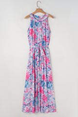 Sky Blue Floral Printed Sleeveless O Neck Knot Waist Maxi Dress Floral Dresses JT's Designer Fashion