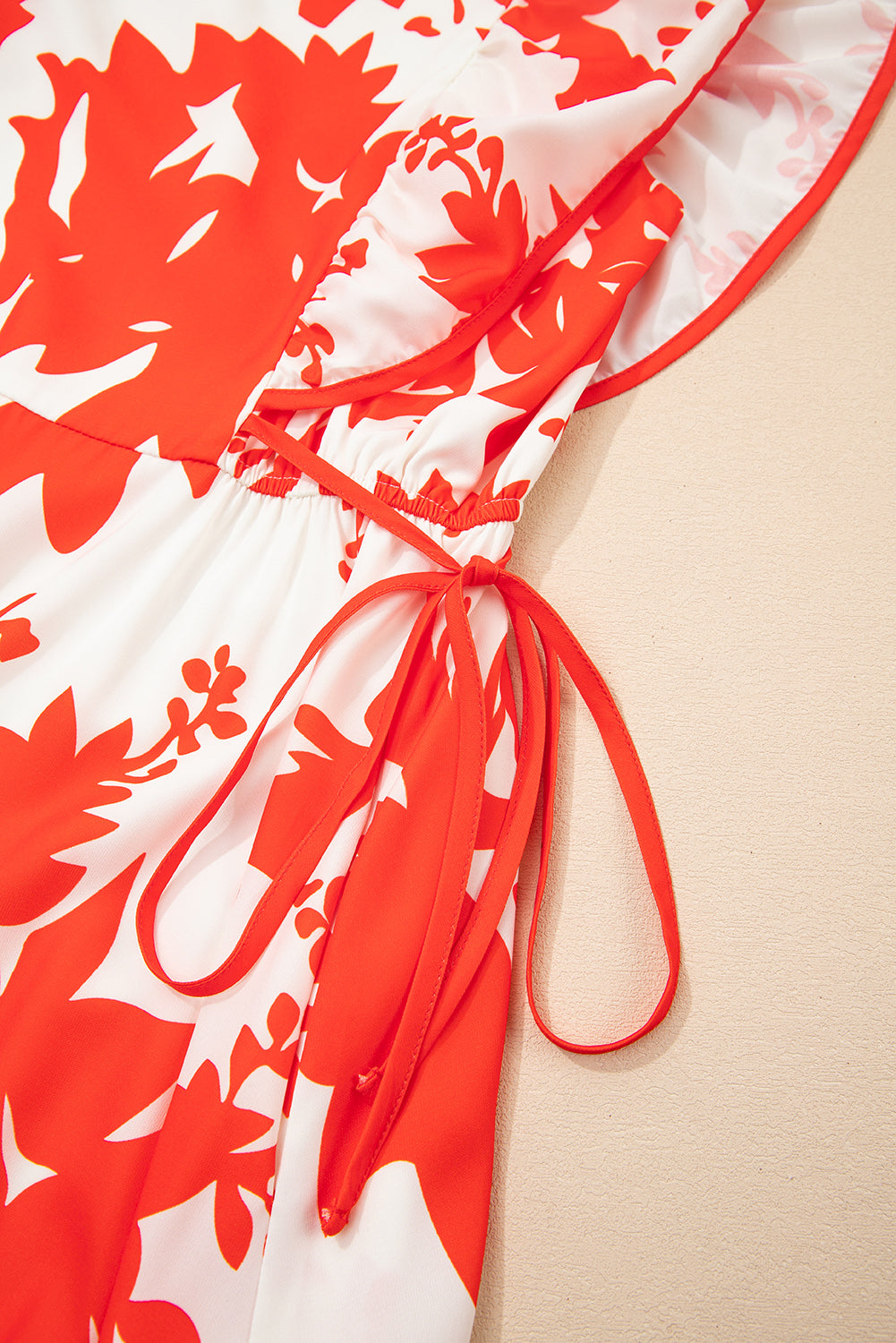 Red Floral Print Trimmed V Neck Ruffle Sleeve Long Dress Dresses JT's Designer Fashion