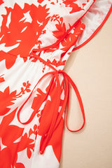 Red Floral Print Trimmed V Neck Ruffle Sleeve Long Dress Dresses JT's Designer Fashion