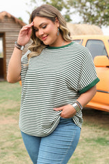 Green Stripe Trimmed Round Neck Plus Size Boxy Fit T-shirt Plus Size Tops & Tees JT's Designer Fashion